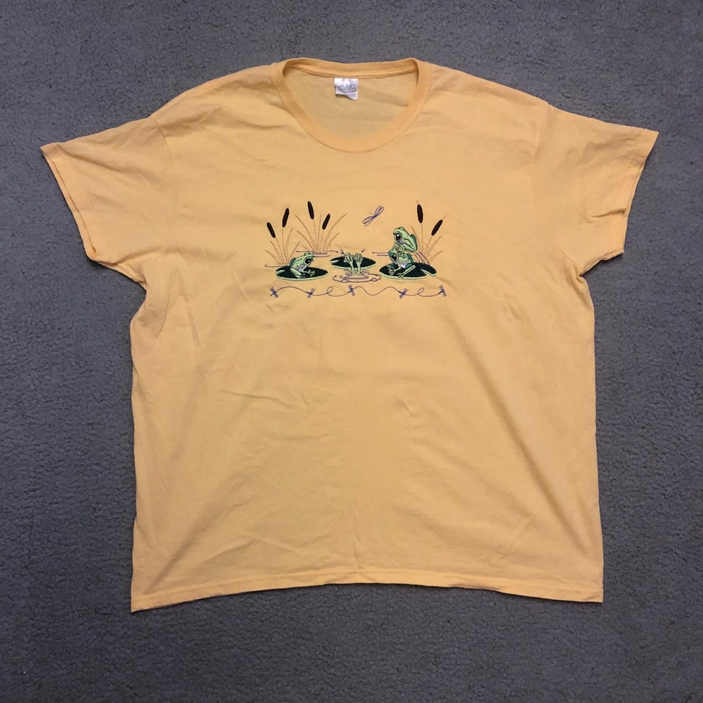Vtg Frog Embroidered T Shirt Yellow Animal Nature Tee 2XL Nature Lillypad